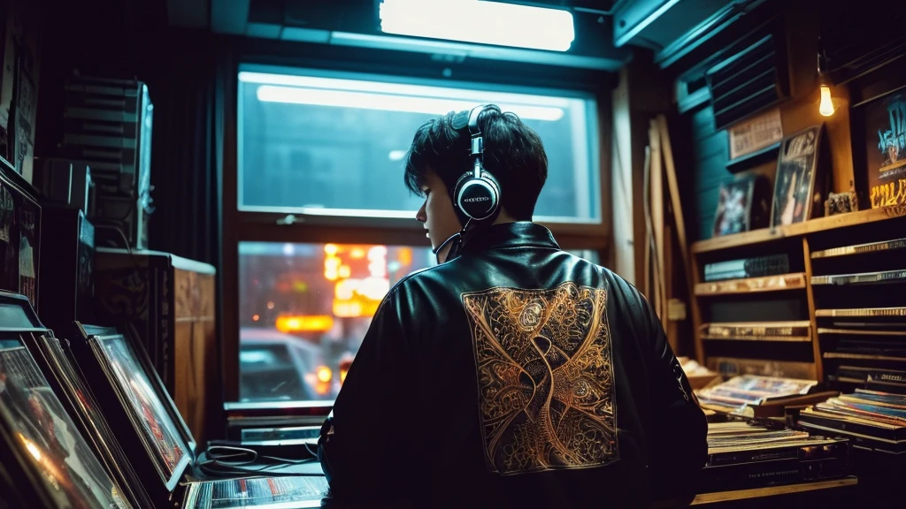 1 boy,Photo of a man listening to music wearing headphones, Text why you, Super detail, Vintage wave, Cyberpunk, Sad atmosphere, Glowing light through the windows, nighttime scene, One bedroom, 2D, (shot from afar), Wide shot, (Movie noise), Old cartoons, (Many records: 1.3), Vinyl record store, (Masterpiece, Very high quality, Very high quality, offcial art, Beautiful and aesthetic: 1.2), (Very detailed, (Fractal art: 1.4 ), guitar, (Notes: 1.4), (Lo-fi hip-hop), Side view, Old anime textures, Alone, speakers, Cyberpunk, Vinyl, Night,Exquisite facial details,cool guy, vietnam of flag