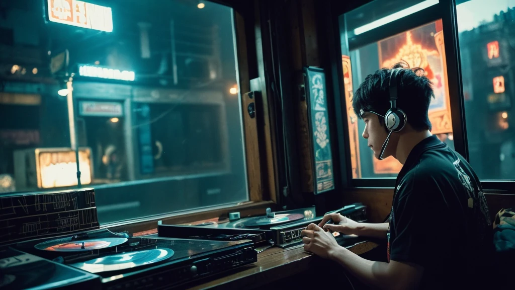 1 boy,Photo of a man listening to music wearing headphones, Text why you, Super detail, Vintage wave, Cyberpunk, Sad atmosphere, Glowing light through the windows, nighttime scene, One bedroom, 2D, (shot from afar), Wide shot, (Movie noise), Old cartoons, (Many records: 1.3), Vinyl record store, (Masterpiece, Very high quality, Very high quality, offcial art, Beautiful and aesthetic: 1.2), (Very detailed, (Fractal art: 1.4 ), guitar, (Notes: 1.4), (Lo-fi hip-hop), Side view, Old anime textures, Alone, speakers, Cyberpunk, Vinyl, Night，Exquisite facial details，cool guy, vietnam of flag