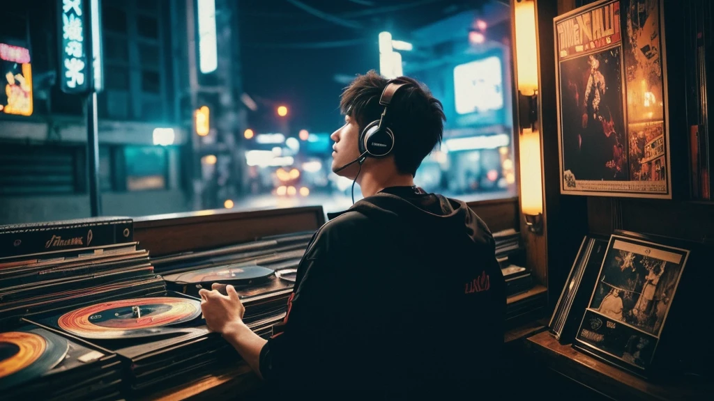 1 boy,Photo of a man listening to music wearing headphones, Text why you, Super detail, Vintage wave, Cyberpunk, Sad atmosphere, Glowing light through the windows, nighttime scene, One bedroom, 2D, (shot from afar), Wide shot, (Movie noise), Old cartoons, (Many records: 1.3), Vinyl record store, (Masterpiece, Very high quality, Very high quality, offcial art, Beautiful and aesthetic: 1.2), (Very detailed, (Fractal art: 1.4 ), guitar, (Notes: 1.4), (Lo-fi hip-hop), Side view, Old anime textures, Alone, speakers, Cyberpunk, Vinyl, Night，Exquisite facial details，cool guy, vietnam of flag