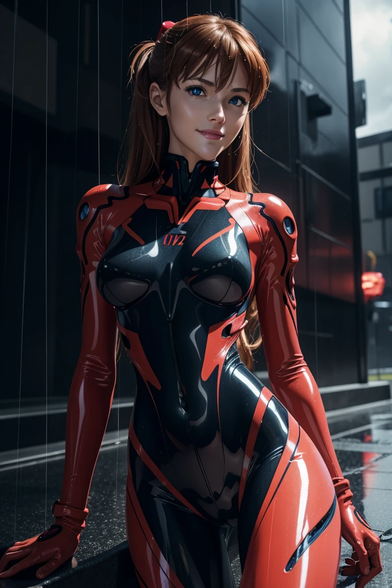 Evangelion,Asuka Langley,blue eyes,Plug Suit,Bodysuits,Interface Headset,赤いBodysuits,Ultra HD,super high quality,masterpiece,Digital SLR,Photorealistic,Detailed details,Vivid details,Depicted in detail,A detailed face,Detailed details,Super Detail,Realistic skin texture,Anatomical basis,Perfect Anatomy,Anatomically correct hand,Anatomically correct fingers,Complex 3D rendering,Sexy pose,Rainy Sky,Beautiful scenery,Fantastic rainy sky,Picturesque,Pink Lips,smile,