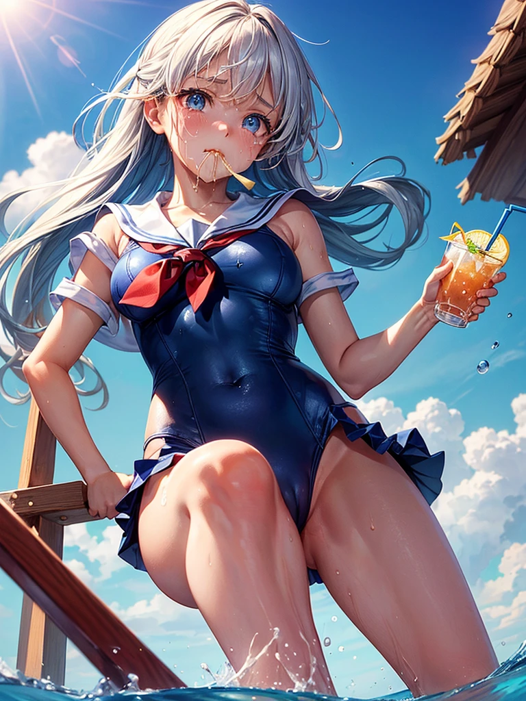 Highest quality,Highest Resolution,Sailor leotard(((２People and above)))A beautiful girl with a crying face,High leg,(((Ｔback))),Very beautiful eyes,Competition Pool,(((Holding a drink in your hand))),(((Open your mouth))),(((Dripping saliva))),sunny,blue sky,sweat profusely,Red tie,whole body,