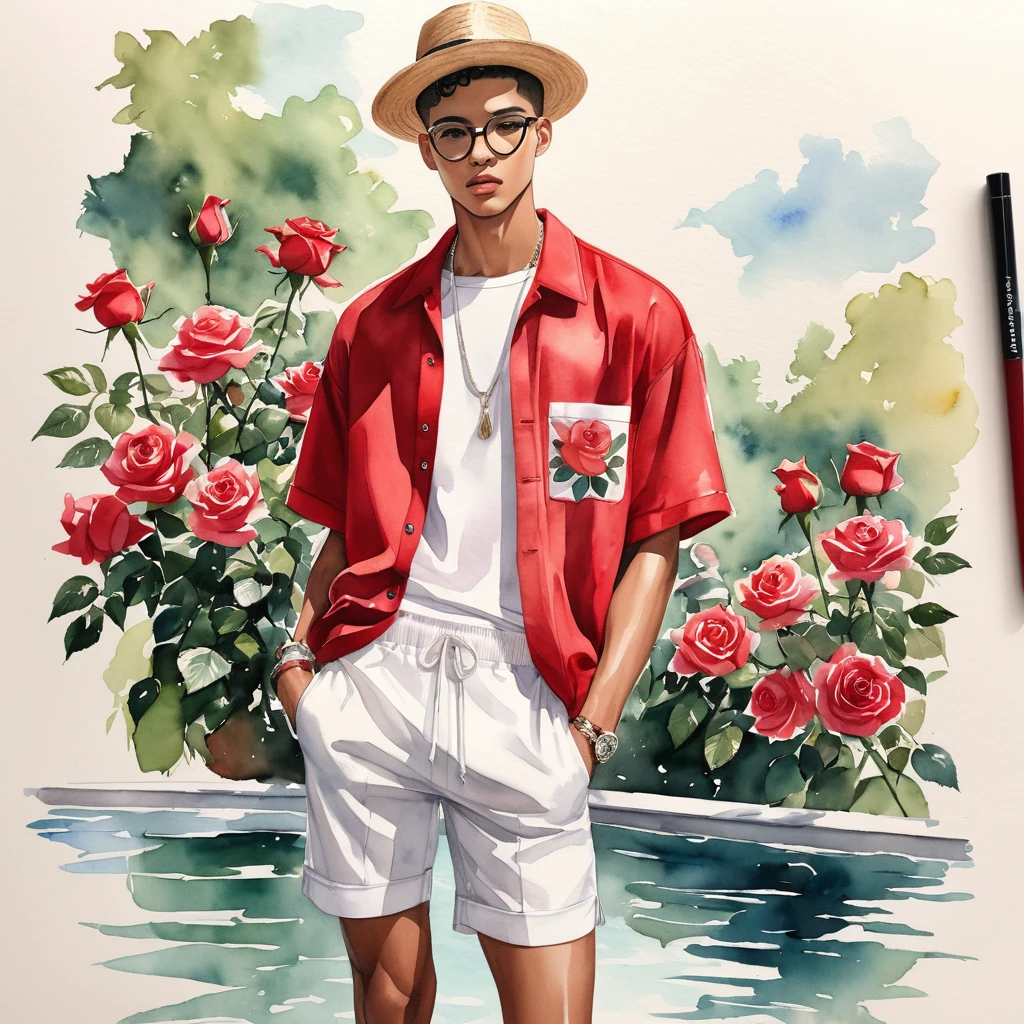 candid fashion illustration of young Mixed race 2man, both aged 18-23 year old, ((showcase fashion look book in Red and White linen outfits)), the design inspired by David Austin Rose, in elegant chic style. The man wears an oversized short-sleeved shirt with a minimal rose embroidery details, paired with relaxed-fit white Short with Drawstring, He completes his look with white sneakers and round glasses. The boyfriend complements him in a skinny fitted speedo in a stripe pattern, semi bulge, He resemble includes an accessorizes with a brimmed straw hat and white sneakers, Captured in a low angle, ((full-body image)), ((roses drawing in water color in background)), fashion sketching, realistic drawing, ((imperfect water color drawing)), fashion look book, fashion illustrator, fashion sketch design, gay, gay couple,