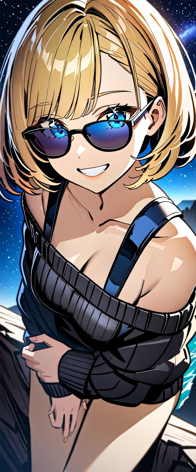 from side, ((grin)), sunglasses, hand to sunglasses, ((off-shoulder sweater:1.3, Quite thick shoulder straps)), ((black sweater)), ((Aran sweater)), (((from above))), ((((upper body)))), ((Leaning to side)), (((a beautiful starry sky, the Milky Way shining beautifully in the night))), ((sitting on the very high cliff)), wavy hair, inward curled hair, sea, ((blond hair, bob cut:1.3)), breasts, teenager, (looking at viewer), oversized clothes, puffy long sleeves, collarbone, head tilt:1.3, (((blue eyes))), happy smile, (((anime style))), (best quality, 4K, 8K, highres, masterpiece:1.2, ultra-detailed, ultra-detailed eyes, HDR, uhd, studio lighting, ultra-fine painting, sharp focus, physically-based rendering, extreme detail description, professional, vivid colors, bokeh)
