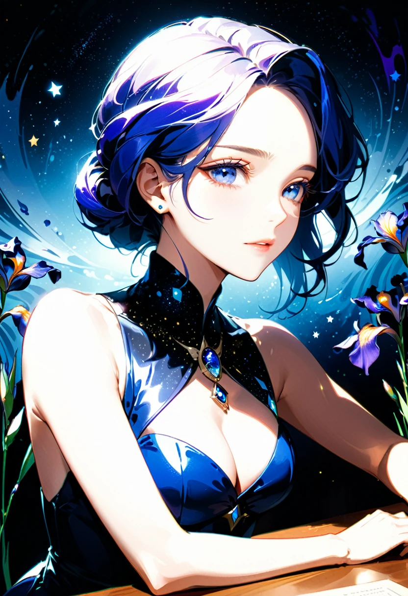 ((a extreme close up: 1.5)) facial picture of an astrologist who divine the future from the stars, an extraordinary beautiful woman, divining the future from the stars, there is magic in her eyes, the ((irises are colored deep blue filled with stars: 1.5)), dynamic hair color, dynamic hair style, she sits near a table, dynamic clothing, dynamic background, vibrant, Ultra-high resolution, High Contrast, (masterpiece:1.5), highest quality, Best aesthetics), best details, best quality, highres, 16k, [ultra detailed], masterpiece, best quality, (extremely detailed),