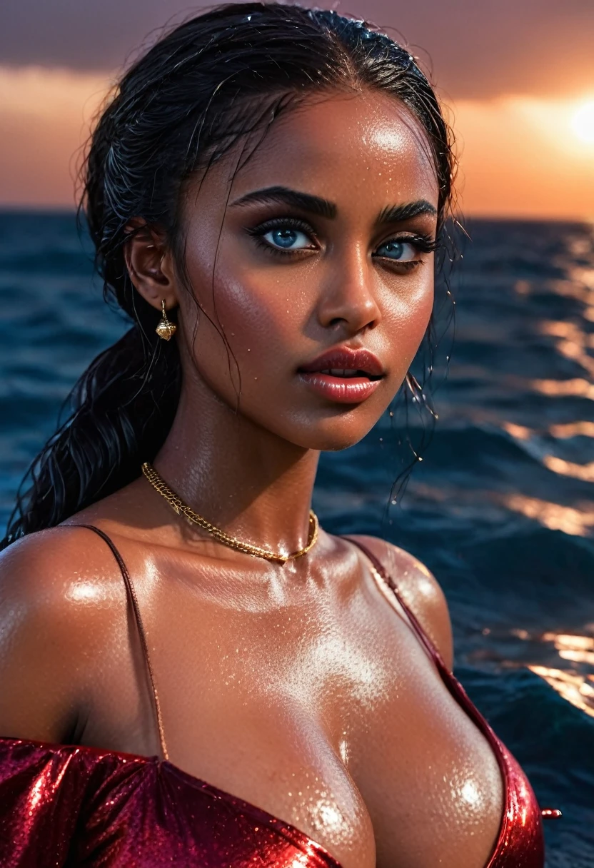 (muste piece, highest quality)((8k)),full body,super detailed,arab girl,wide eyebrow,black skin ,blue eyes ,photorealistic,dark bronze shiny skin,beautiful female mode,dark skin Black woman in red clothes from biblical times, blue eyes, in glowing sea at night ,swety skin,horny,wet skin , (shiny skin), she is wet and intimate, she has a submissive expression, direct eye contact, hyperrealistic, unreal engine 5,Suggested pose, 8K