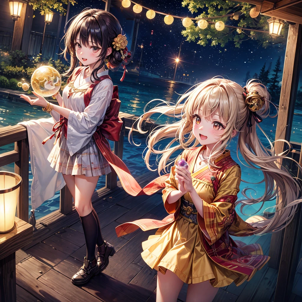 Red, brown, gold, gold hair、Golden Eyes、Hair tied up、One good looking girl、solo、anime、Checkered mini skirt、Ruffles on the skirt、Checked dress、blouse、Kimono、Black knee-high socks、Ribbon、Ribbon on waist、Teeth are visible、Sparkly Necklace、From above、Cobblestones、waterfall、Starry Sky、Midnight Moon、suspension bridge、Soap bubbles are flying、beam、Standing still、Transparent、Dragon flying、time and space、goddess、Billboard、Edo