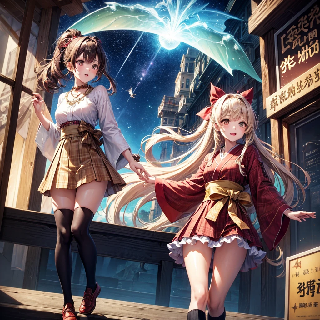 Red, brown, gold, gold hair、Golden Eyes、Hair tied up、One good looking girl、solo、anime、Checkered mini skirt、Ruffles on the skirt、Checked dress、blouse、Kimono、Black knee-high socks、Ribbon、Ribbon on waist、Teeth are visible、Sparkly Necklace、From above、Cobblestones、waterfall、Starry Sky、Midnight Moon、suspension bridge、Soap bubbles are flying、beam、Standing still、Transparent、Dragon flying、time and space、goddess、Billboard、Edo