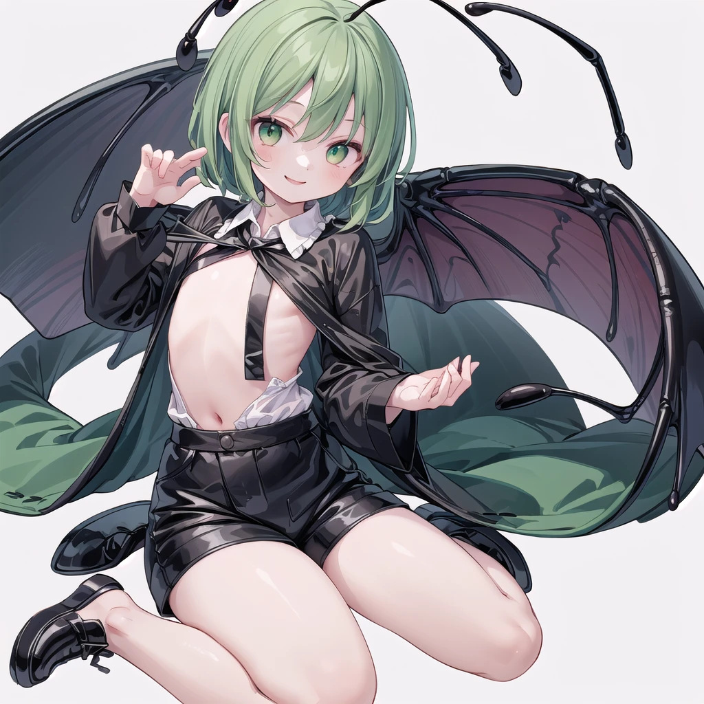 (((one girl))),(((wriggle nightbug))),(touhou),green eyes,antennae,green hair,short hair,swept bangs,white shirt,collared shirt,long sleeves,black shorts,black cape,(((smile))),(((full body))),(((flat chest))),(((model posing))),(((wariza))),(((simple white background))),(((from front)))
