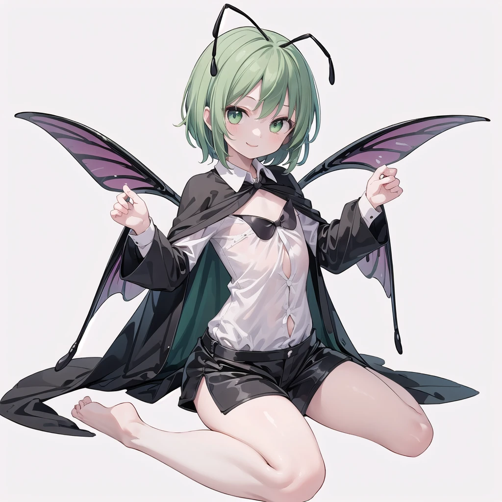 (((one girl))),(((wriggle nightbug))),(touhou),green eyes,antennae,green hair,short hair,swept bangs,white shirt,collared shirt,long sleeves,black shorts,black cape,(((smile))),(((full body))),(((flat chest))),(((model posing))),(((wariza))),(((simple white background))),(((from front)))
