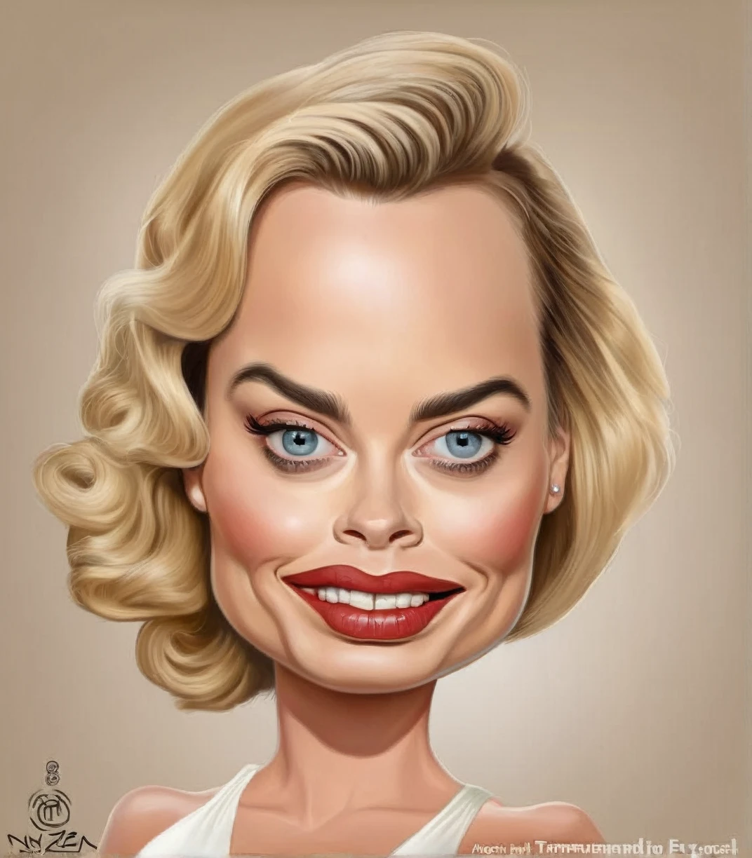 Margot Robbie Caricaturized Very detailed, clean, high quality, sharp image, Mark Ryden