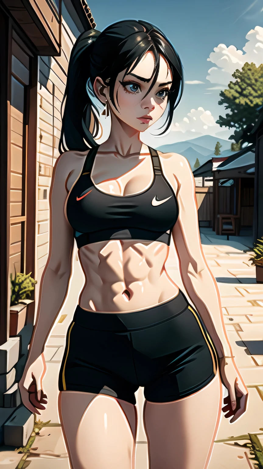 (cowboy shot), (masterpiece, best_quality, detailed, immaculate:1.3), epic, illustration,
BREAK
ArtemisYJ, ponytail,super long hair,
(Black sports bra ),shorts
,medium breast,earrings,(nike),fit body,abs
BREAK
(courtyard, garden, outdoors, gorgeous view)