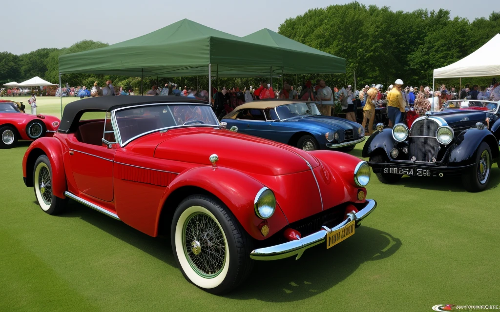 Create an image of several classic cars displayed in a concours d&#39;elegance in an elegant historic garden, rodeados de exuberantes paisajes y arquitectura impresionante. Enfoca los autos en el centro de la imagen, capturing its timeless beauty and the refined atmosphere of the event.