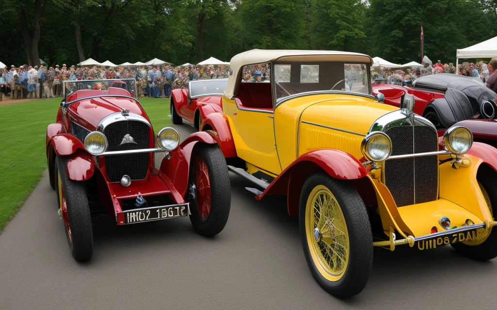 Create an image of several classic cars displayed in a concours d&#39;elegance in an elegant historic garden, rodeados de exuberantes paisajes y arquitectura impresionante. Enfoca los autos en el centro de la imagen, capturing its timeless beauty and the refined atmosphere of the event.