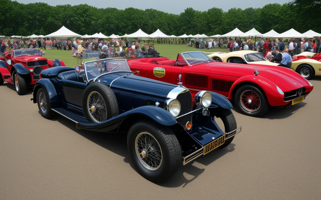 Create an image of several classic cars displayed in a concours d'elegance in an elegant historic garden, rodeados de exuberantes paisajes y arquitectura impresionante. Enfoca los autos en el centro de la imagen, capturing its timeless beauty and the refined atmosphere of the event.