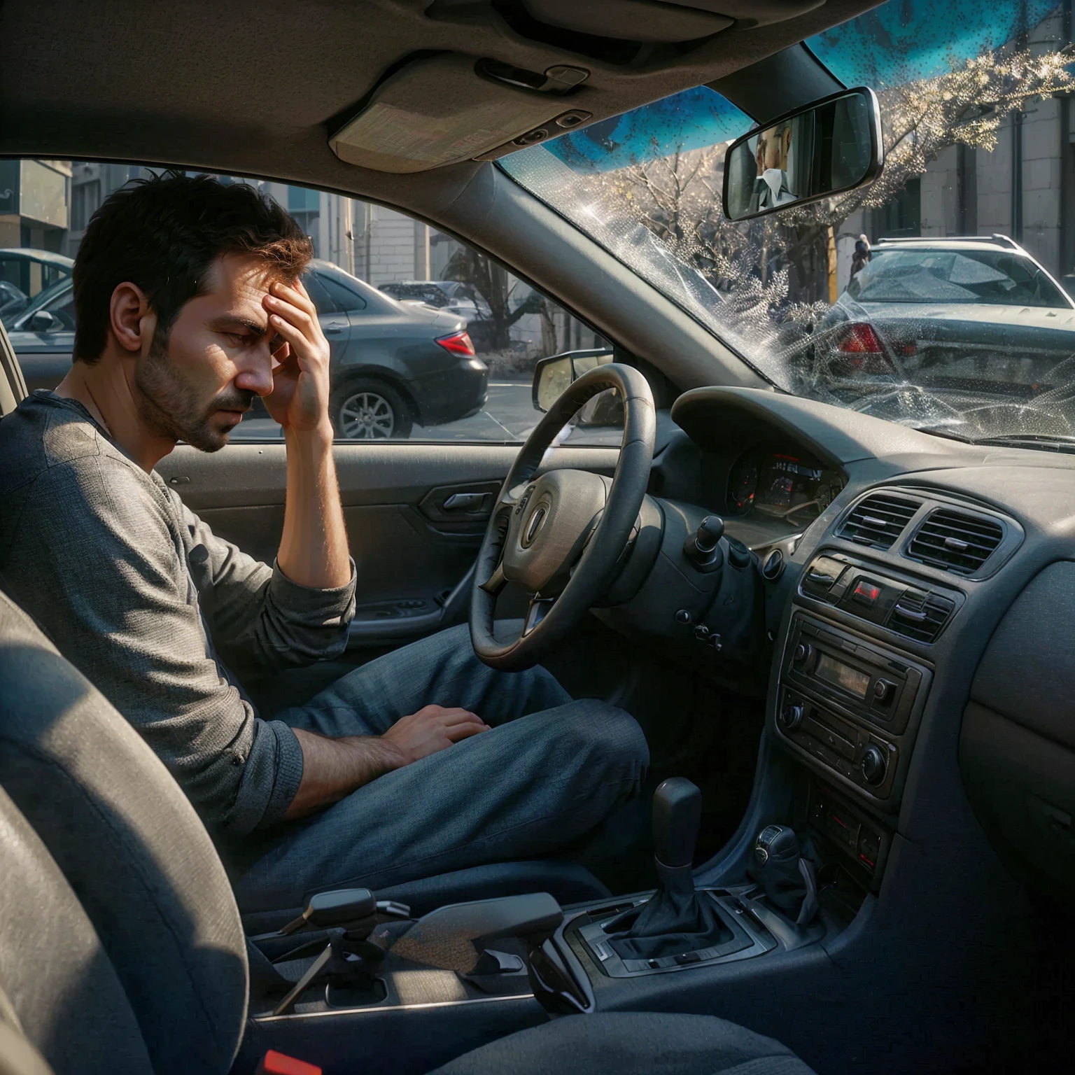 arafed man sitting in a car with his head in his hands, photo manipulation, Sergey Zabelin, photo manipulation, creative photo manipulation, hyperrealism photography, Alexey Egorov, Lt. Alexander Kucharsky, photography alexei gurylev, hyperrealism conceptual art, Hyperrealistic photography, Lt. Adam Marczyński, Photographic hyperrealism