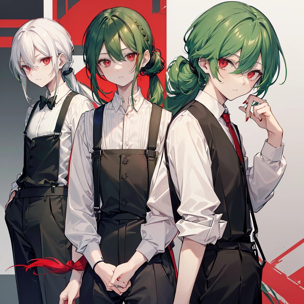 ((((Red eyes Green Hair)))) (((Long tied back hair White shirt Black trousers suspenders))) ((Black tie Rin々Funny face boyish woman))