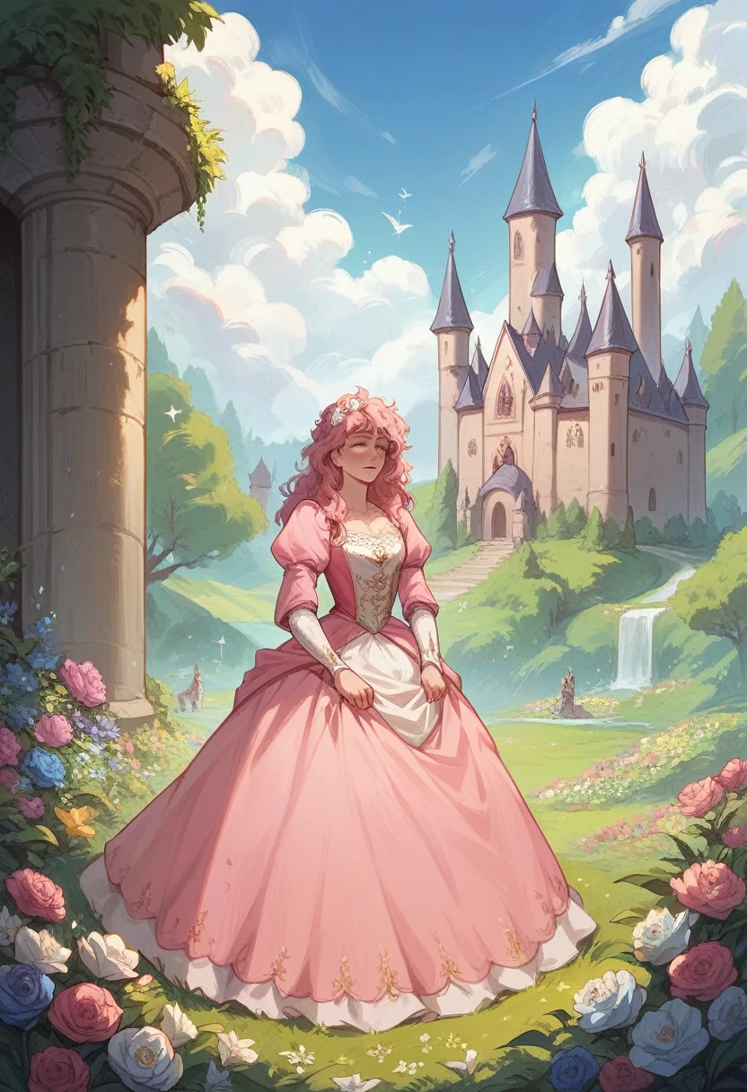 ((best quality, masterpiece)),
1girl, princess pink dress, flowers, white messy hair, outdoor, clouds on background,fantasy, medieval, castle on background