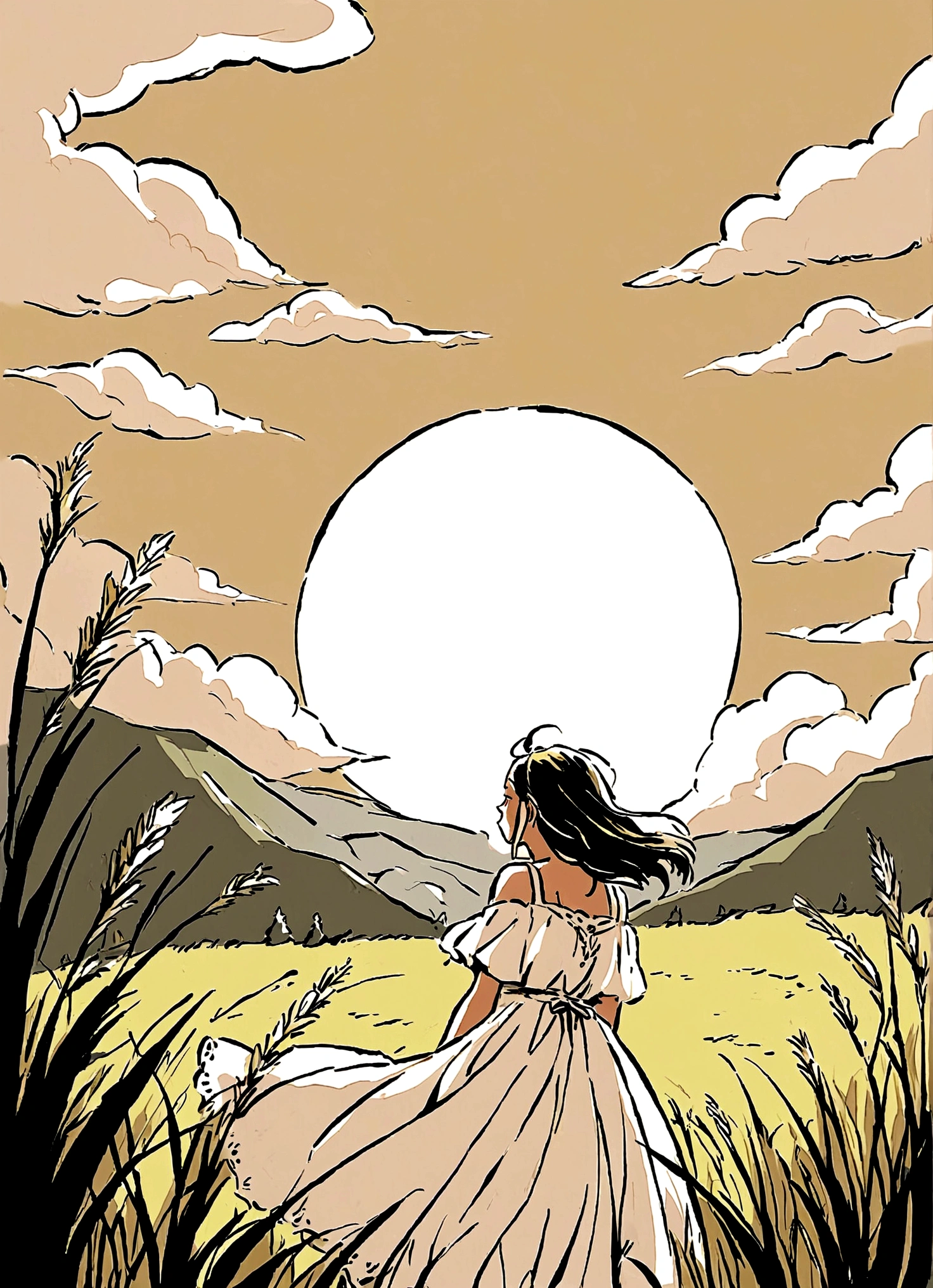 Cloud,White Dress,grassland,valley,Warmth,Sunlight,Illustration style