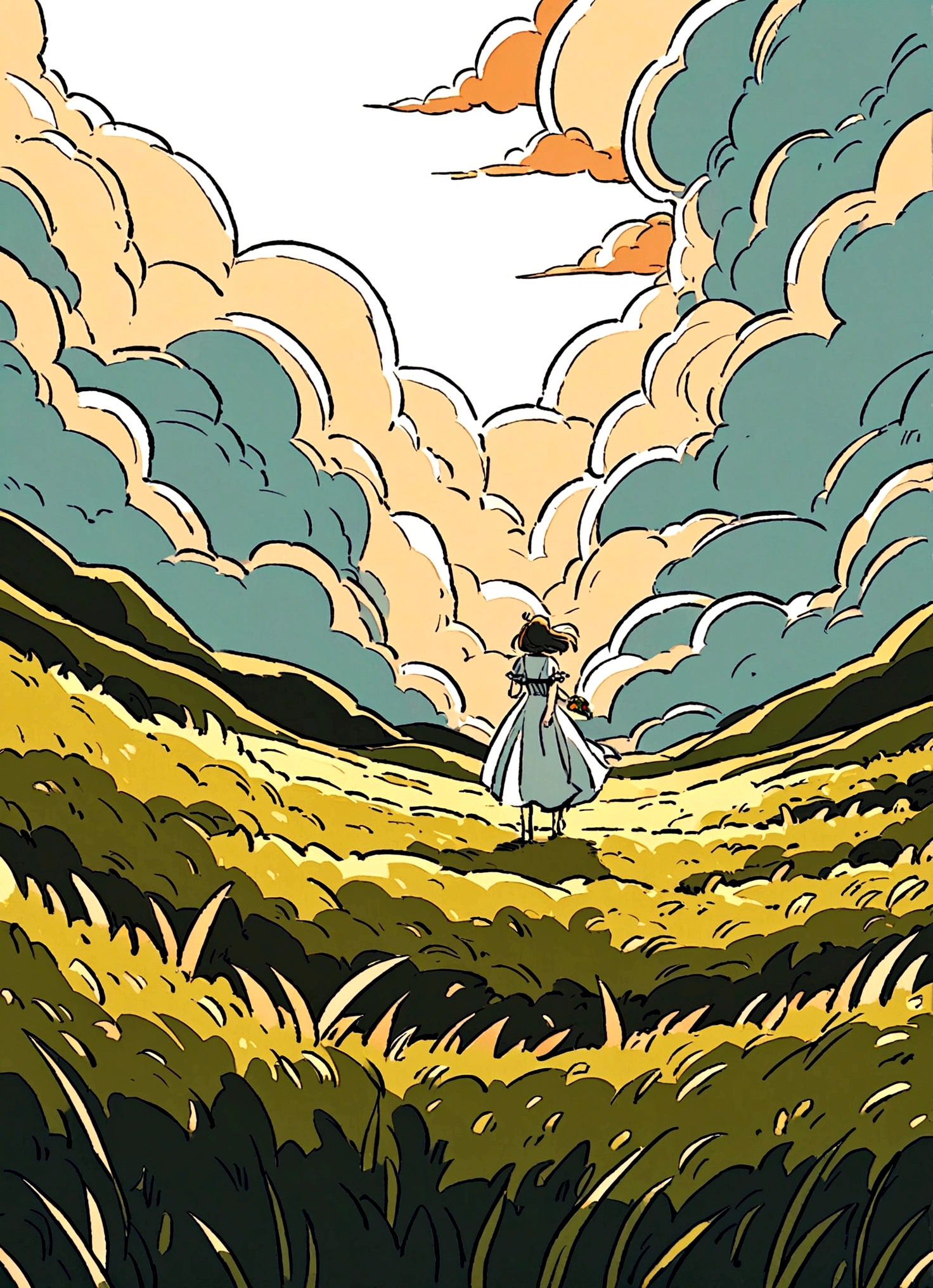 Cloud，White Dress，grassland，valley，Warmth，Sunlight，Illustration style