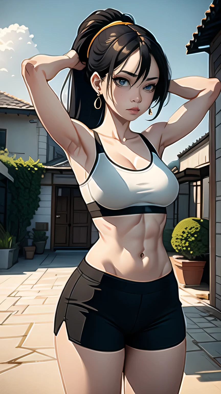 (cowboy shot), (masterpiece, best_quality, detailed, immaculate:1.3), epic, illustration,
BREAK
ArtemisYJ, ponytail,super long hair,
(Black sports bra ),shorts
,medium breast,earrings,(nike),fit body,abs
BREAK
(courtyard, garden, outdoors, gorgeous view)