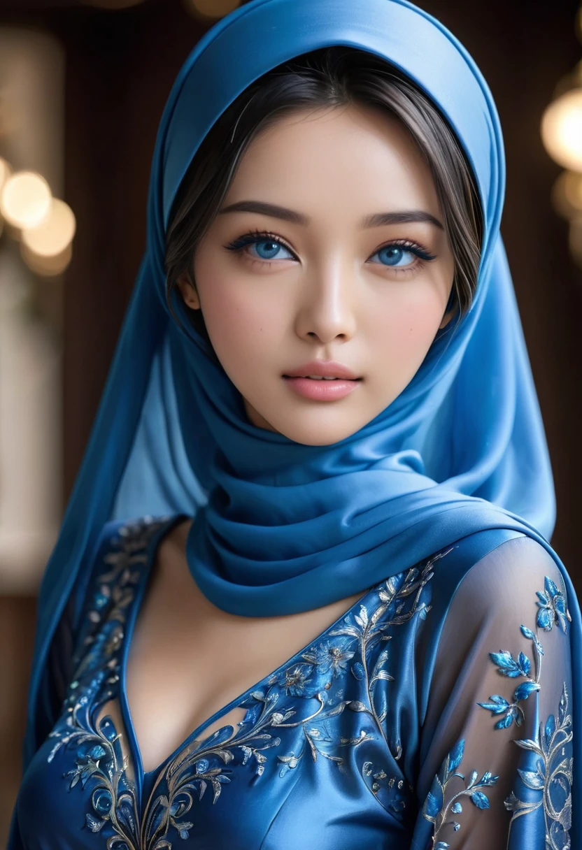 best quality, masterpiece, realistic:, luminate, beautiful muslim, hijab, twirling hijab, fully covered robe, 1 girl, blue hijab, blue eyes, Front, detailed face, beautiful eyes, close up shot, dark blue dress, tight dress, super shiny dress, ao dai dress, volumetric lighting, gorgeous body, moist skin, 50mm f1.4 lens, fully covered dress, ornamented robe, close up portrait, young face, cute asian face, 