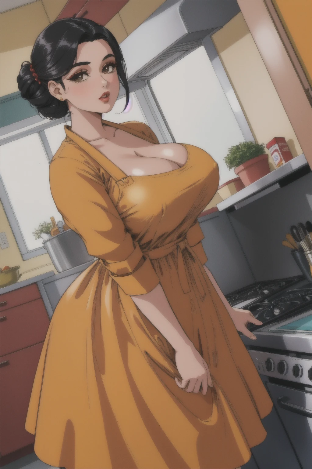mature woman, retro, warm retro colors, wearing dress and apron standing in kitchen, large breasts, black hair, updo, makeup, looking down at viewer, from below, extremely low angle, incase,