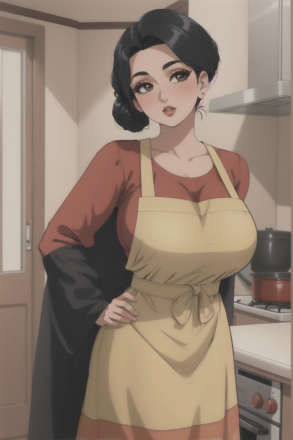 mature woman, retro, warm retro colors, wearing dress and apron standing in kitchen, large breasts, black hair, updo, makeup, looking down at viewer, from below, extremely low angle, incase,