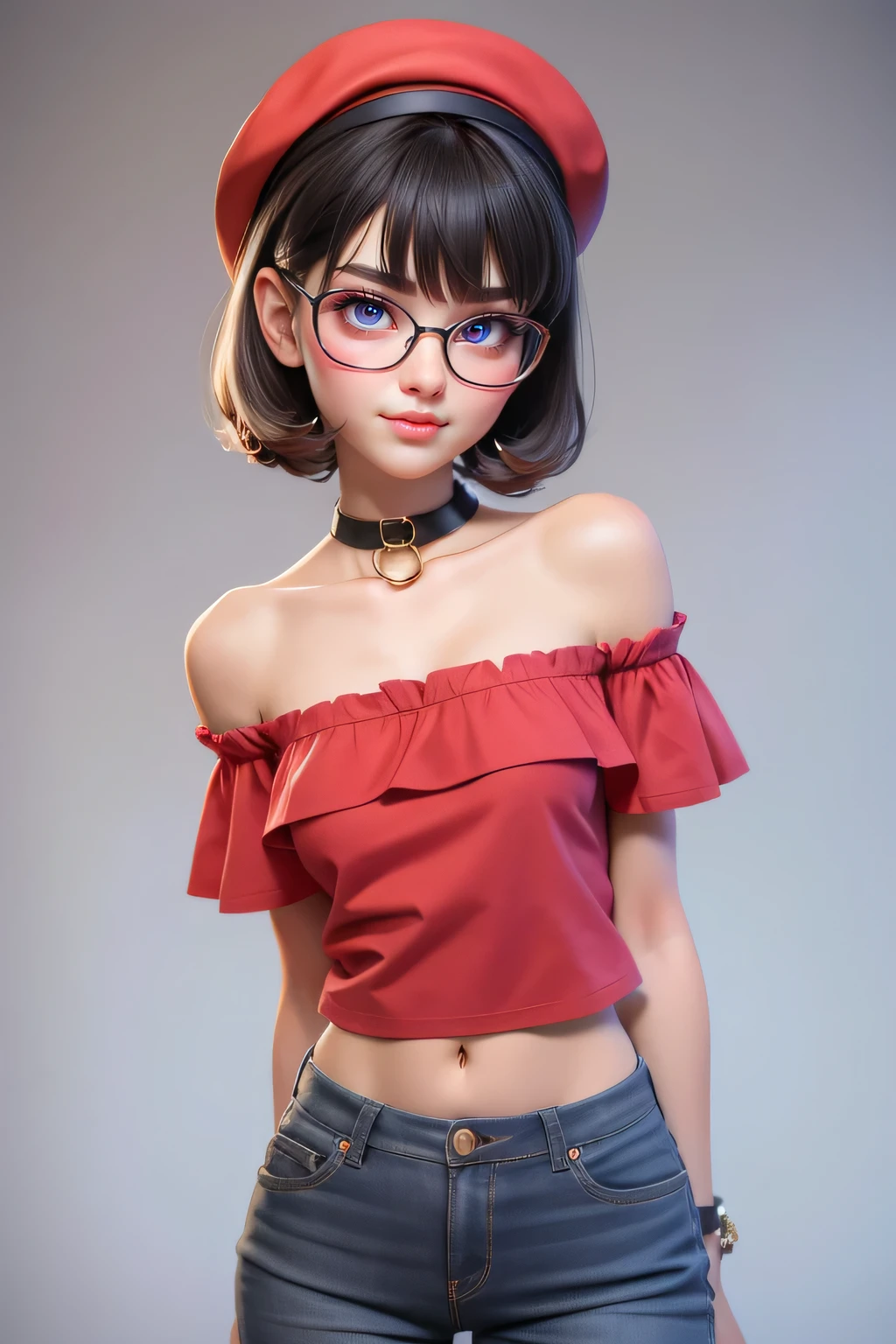 1 cute girl (18yo) glasses, upper body, slim waist, small breast, sexy pose, naugthy face, bangs, random hairstyle, cleavage, navel, collar, collarbone, off shoulder, seductive smile, wear intricately detail hot and sexy outfit, t-shirt and hot pants, wear cute hat, bright red color. flat gray color for background