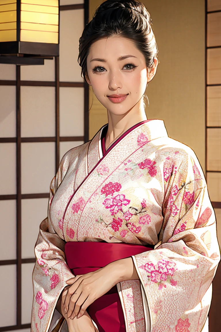 (Highest quality、Tabletop、8K、Best image quality、Award-winning works)、(1 Beautiful Mature Woman:1.1)、(Innkeeper:1.1)、(Elegant white floral kimono:1.2)、(A kimono with a perfect and accurate collar:1.2)、Perfect Mature Woman Portrait Photo、Glowing Skin、Standing Elegantly、(Blurred elegant and elaborate perfect Japanese style room background:1.3)、(The most natural and perfect tidy Japanese-style room background:1.2)、(Elegant and luxurious Japanese style room background:1.1)、Glowing White Skin、Very white skin、(Accentuate your body lines:1.1)、(The most elegant posture:1.2)、(Large Breasts:1.2)、(Chignon:1.2)、(Voluptuous body:1.2)、(Accurate ???????:1.4)、(A smile staring at me:1.3)、(Stand classy:1.3)、(perfect beautiful teeth:1.1)