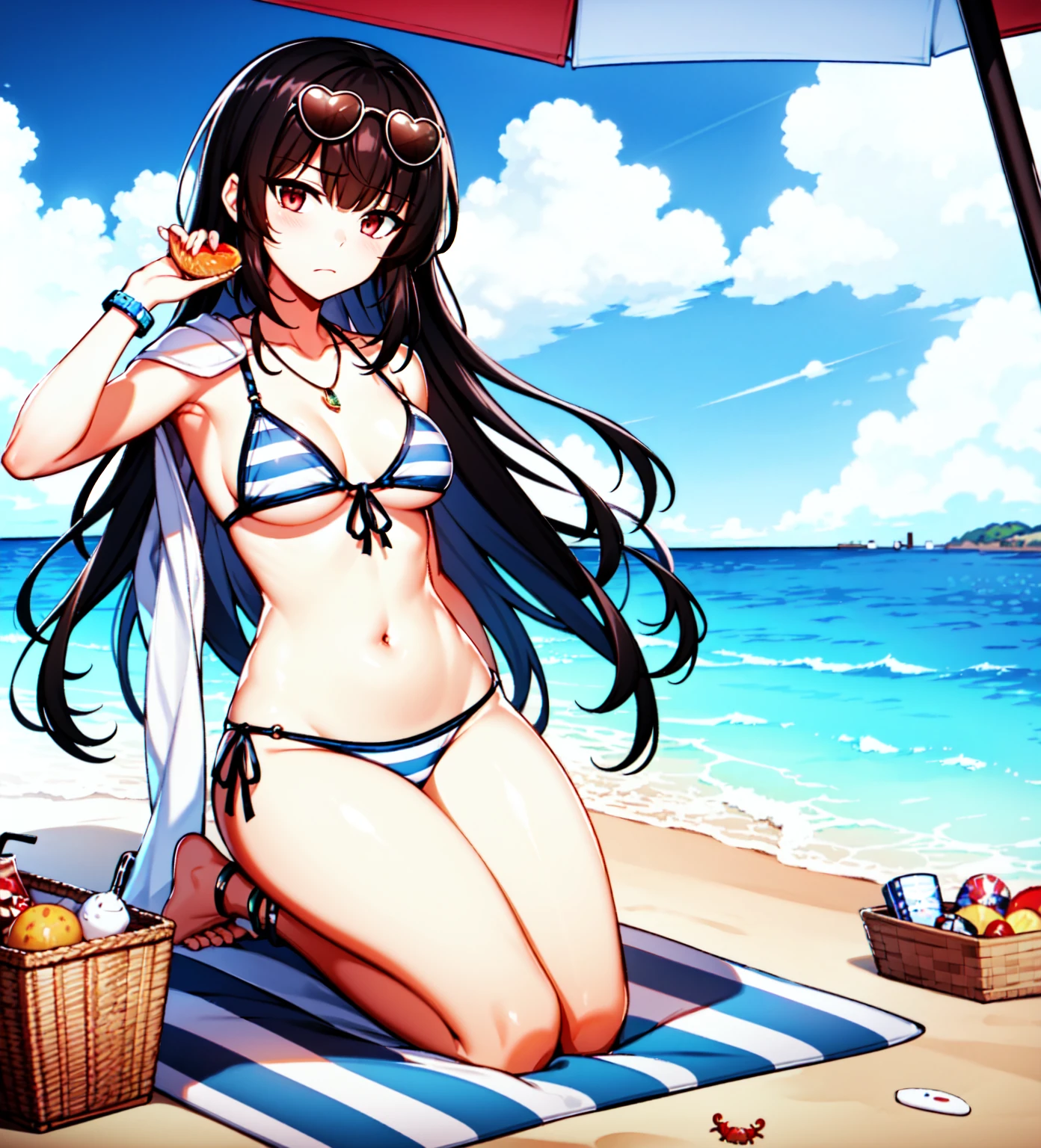 1girl,masterclass,best quality, illustration, solo, black hair, red eyes, xiao_lin, long hair, anklet,arm_support,bare_arms,bare_legs,bare_shoulders,barefoot,beach,beach_umbrella,bikini,blanket,blue_sky,blush,bottle,bracelet,breasts,breasts_apart,cloud,crab,cup,drink,drinking_straw,dutch_angle,eyewear_on_head,feet,food,front-tie_bikini_top,front-tie_top,frown,fruit,full_body,hair_twirling,hand_up,holding_hair,jewelry,legs,long_hair,looking_to_the_side,navel,necklace,o-ring,o-ring_bikini,ocean,on_ground,outdoors,picnic_basket,plate,round_eyewear,seiza,sitting,sky,stomach,striped,striped_bikini,sunglasses,sunlight,swimsuit,table,toes,umbrella,underboob,very_long_hair,