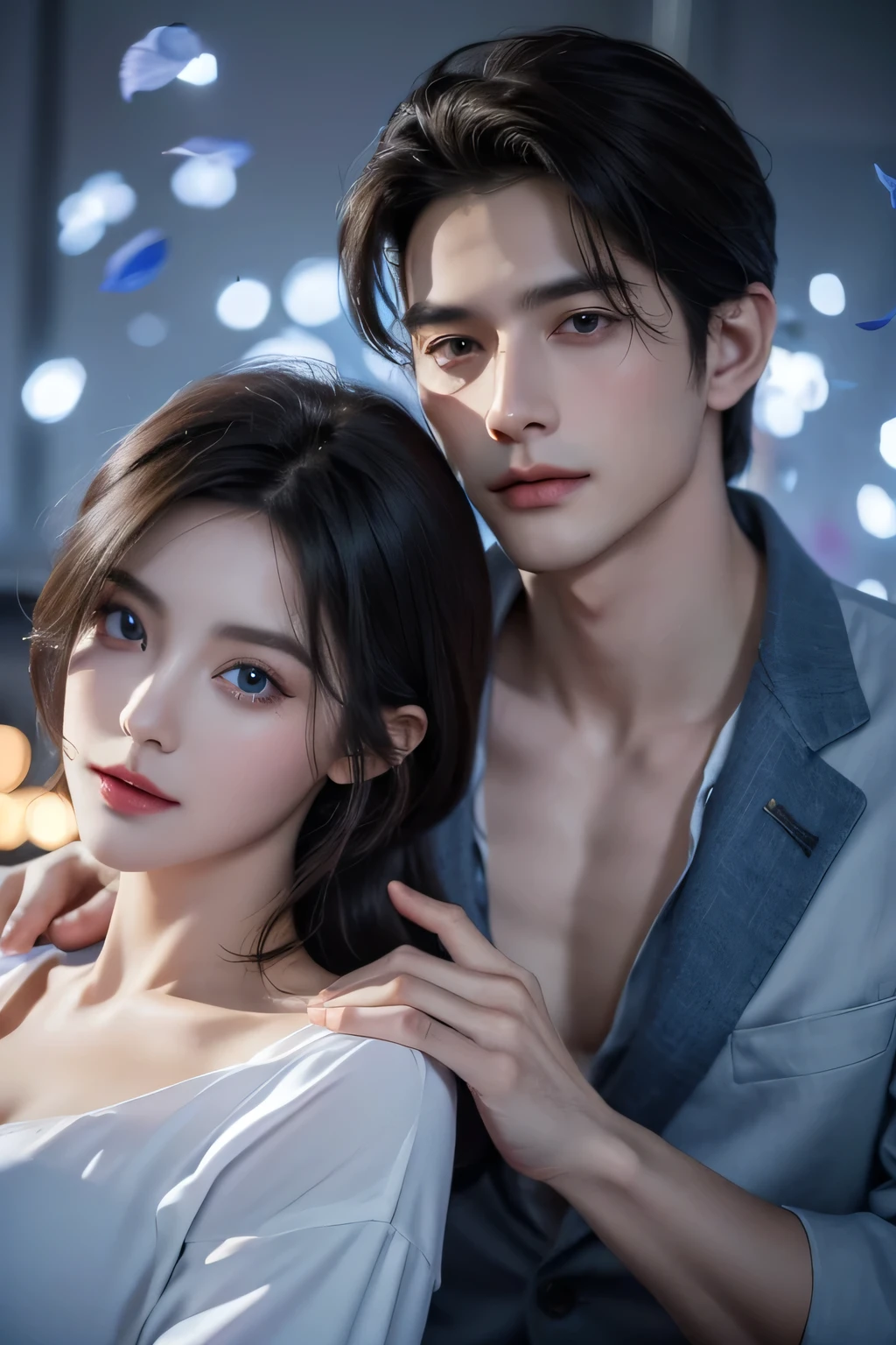 Modern. Casual wear. Elegant couple, masculie man (mature) and beautiful girl. Dark hair color. Very deatiled face. pretty eyes (perfect eyes). 8K resolution. Masterpiece. Romantic, love, glowing light. Look at the viewer. Blue petals. Pastel color.