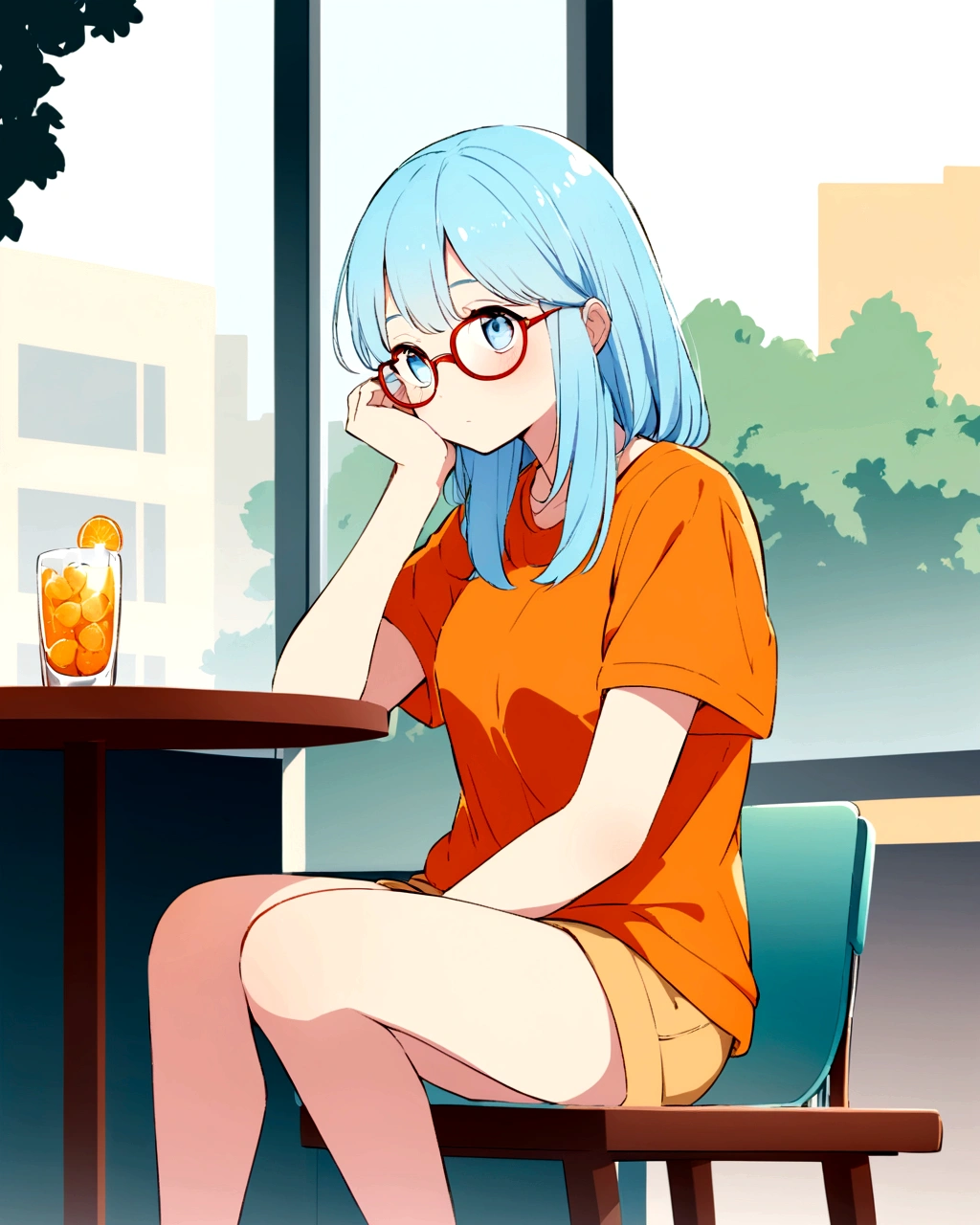 Create an anime-style illustration of a young girl with long, light blue hair wearing glasses. She is sitting at an outdoor café, lost in thought, with her head resting on her hand. The girl is wearing an oversized orange t-shirt and shorts. The background shows the café's glass windows, a table with a cup, and some urban scenery including buildings and trees. The color palette should predominantly feature soft pastel colors, with a focus on light blues, oranges, and whites. The overall atmosphere should feel calm and reflective.