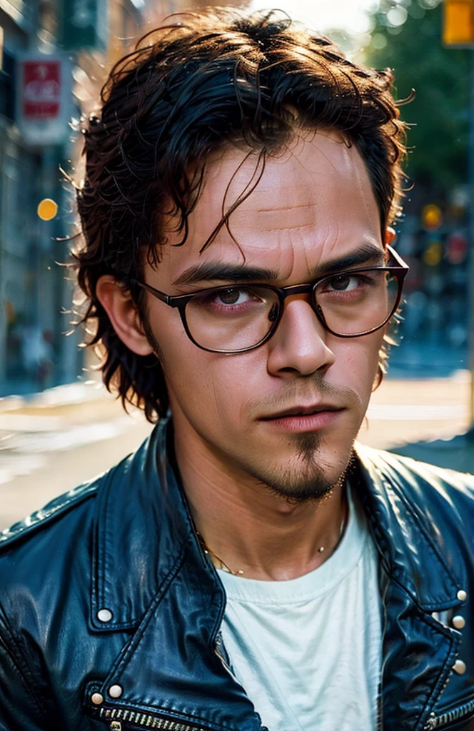 (masterpiece, best quality:1.2), 1man, close up of a man wearing glasses and a leather jacket, CALM look, intense sunlight, PERFECT eyes, finesse, LOOK knowledge, NARAL lighting,  JOYFUL, NATURAL SKIN, focused, hypermasculine, intense color, intricat, HIGH QUAITY, frequency indie album cover, PERFECT HEAD, CORRECT HUMAN FACE, DETAILLED