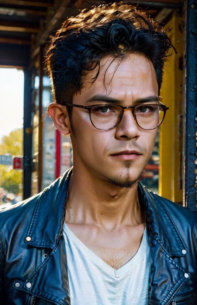 (masterpiece, best quality:1.2), 1man, close up of a man wearing glasses and a leather jacket, CALM look, intense sunlight, PERFECT eyes, finesse, LOOK knowledge, NARAL lighting,  JOYFUL, NATURAL SKIN, focused, hypermasculine, intense color, intricat, HIGH QUAITY, frequency indie album cover, PERFECT HEAD, CORRECT HUMAN FACE, DETAILLED