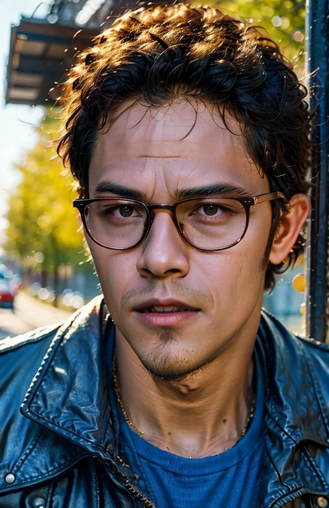 (masterpiece, best quality:1.2), 1man, close up of a man wearing glasses and a leather jacket, CALM look, intense sunlight, PERFECT eyes, finesse, LOOK knowledge, NARAL lighting,  JOYFUL, NATURAL SKIN, focused, hypermasculine, intense color, intricat, HIGH QUAITY, frequency indie album cover, PERFECT HEAD, CORRECT HUMAN FACE, DETAILLED