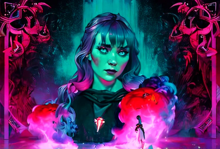 
a poster for the album,'the woman in the hoodie ', an album cover by Ferdynand Ruszczyc, trending on cgsociety, psychedelic art, looks a blend of grimes, looks like a mix of grimes, ) ominous vibes, cgsociety saturated colors, ultraviolet and neon colors, grimes - book 1 album cover, violent and vicious appearance