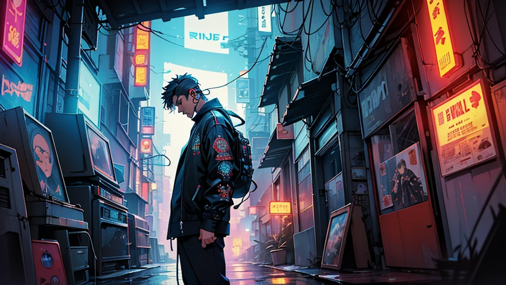 1 boy,Photo of a man listening to music wearing headphones, Text why you, Super detail, Vintage wave, Cyberpunk, Sad atmosphere, Glowing light through the windows, nighttime scene, One bedroom, 2D, (shot from afar), Wide shot, (Movie noise), Old cartoons, (Many records: 1.3), Vinyl record store, (Masterpiece, Very high quality, Very high quality, offcial art, Beautiful and aesthetic: 1.2), (Very detailed, (Fractal art: 1.4 ), guitar, (Notes: 1.4), (Lo-fi hip-hop), Side view, Old anime textures, Alone, speakers, Cyberpunk, Vinyl, Night，Exquisite facial details，cool guy, vietnam of flag