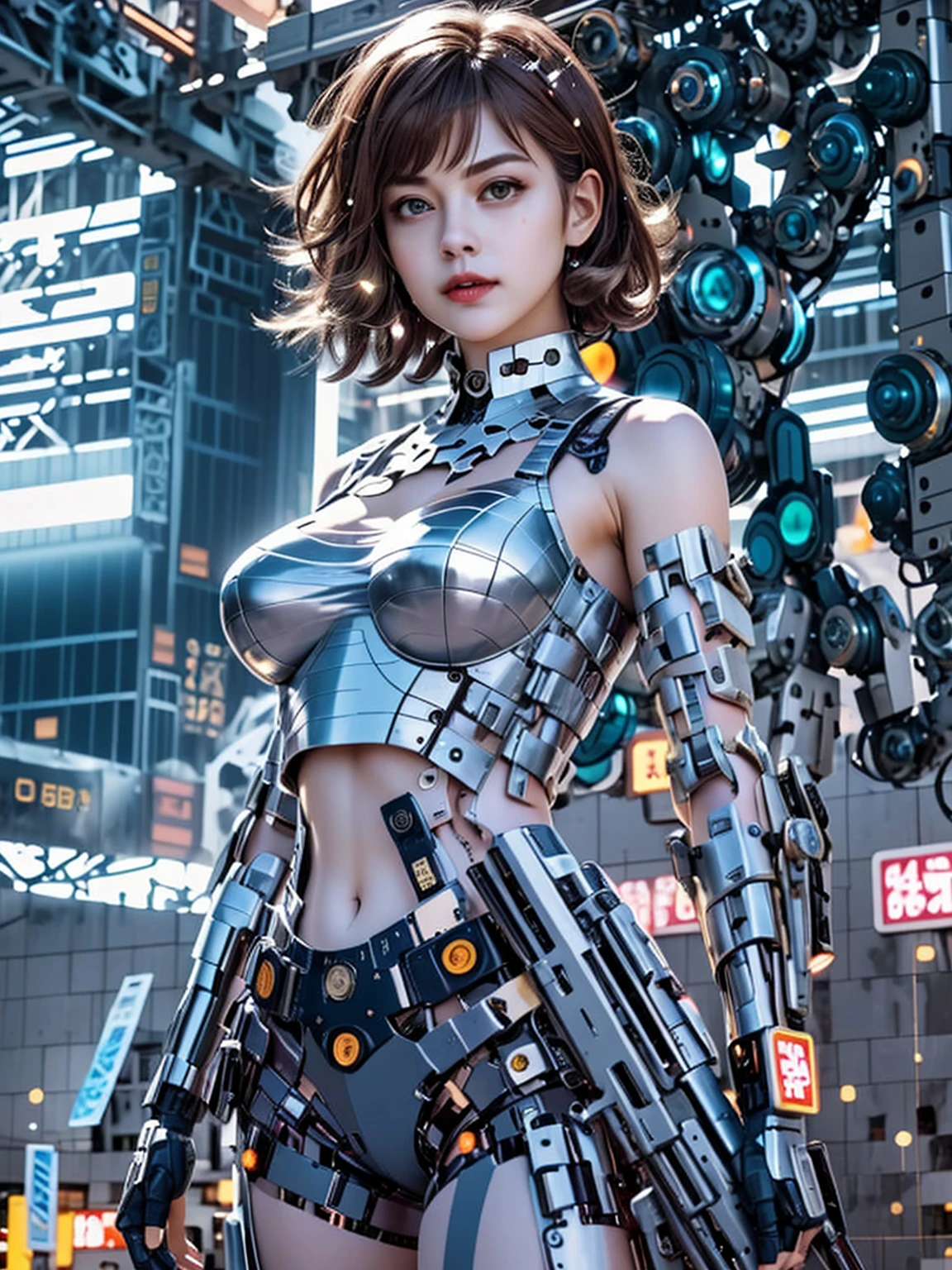 A futuristic cityscape serves as the backdrop for a stunning cyborg woman posing confidently in front of a sleek skyscraper. Her metallic suit gleams under vibrant neon lights, accentuating her curves and delicate features. The camera frames her from a low angle, emphasizing her powerful stance and cybernetic enhancements. A subtle mist adds depth to the scene, while the building's futuristic architecture reflects the city's edgy, high-tech atmosphere.