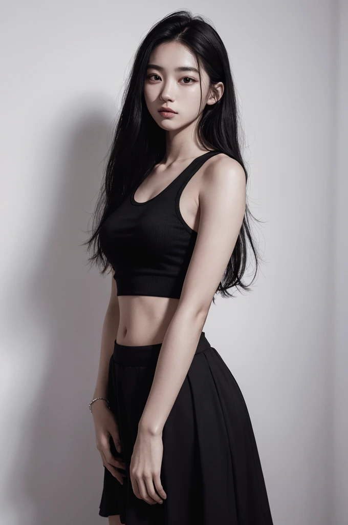 20 year old girl, black tank top, black skirt, long hair, high contrast (Natural skin texture, Hyperrealism, Soft Light, sharp), portrait, standing, kpop