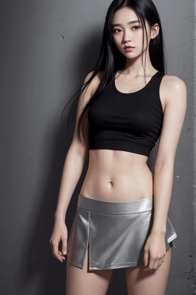 20 year old girl, black tank top, black skirt, long hair, high contrast (Natural skin texture, Hyperrealism, Soft Light, sharp), portrait, standing, kpop