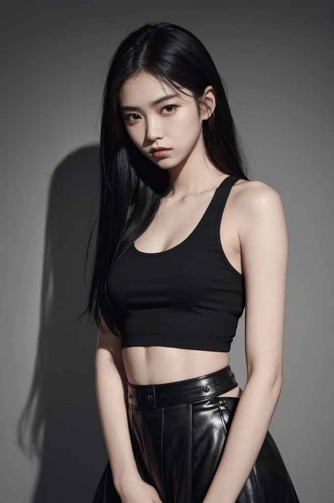 20 year old girl, black tank top, black skirt, long hair, high contrast (Natural skin texture, Hyperrealism, Soft Light, sharp), portrait, standing, kpop