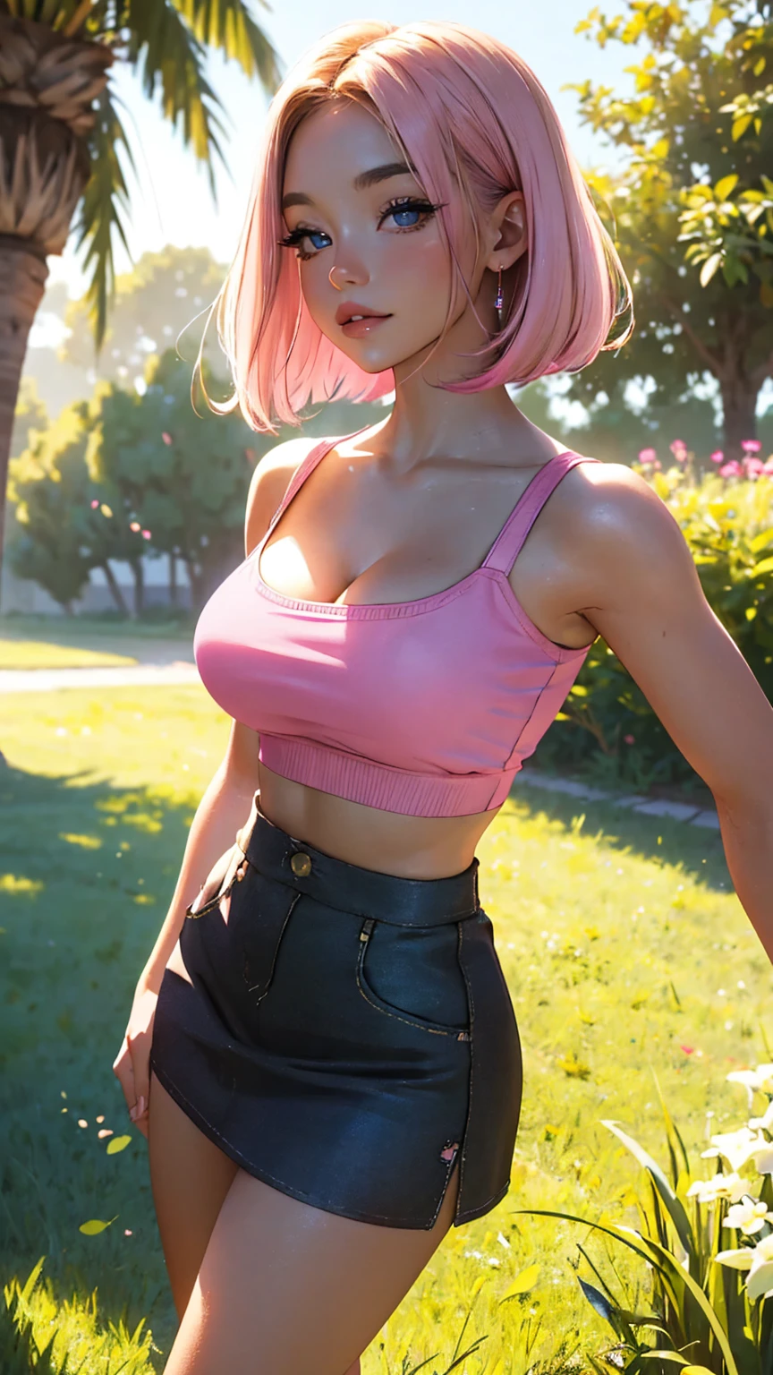 Highest Quality, ​masterpiece, beautifully detailed eyes,, short Blonde Hair, Gradient Hair, pink highlights in hair, large breasts, standing, makeup, glossy lips, full lips, (natural lighting), grass, small top, light smile, midriff, collarbone, thigh highs, miniskirt, cleavage, large breasts