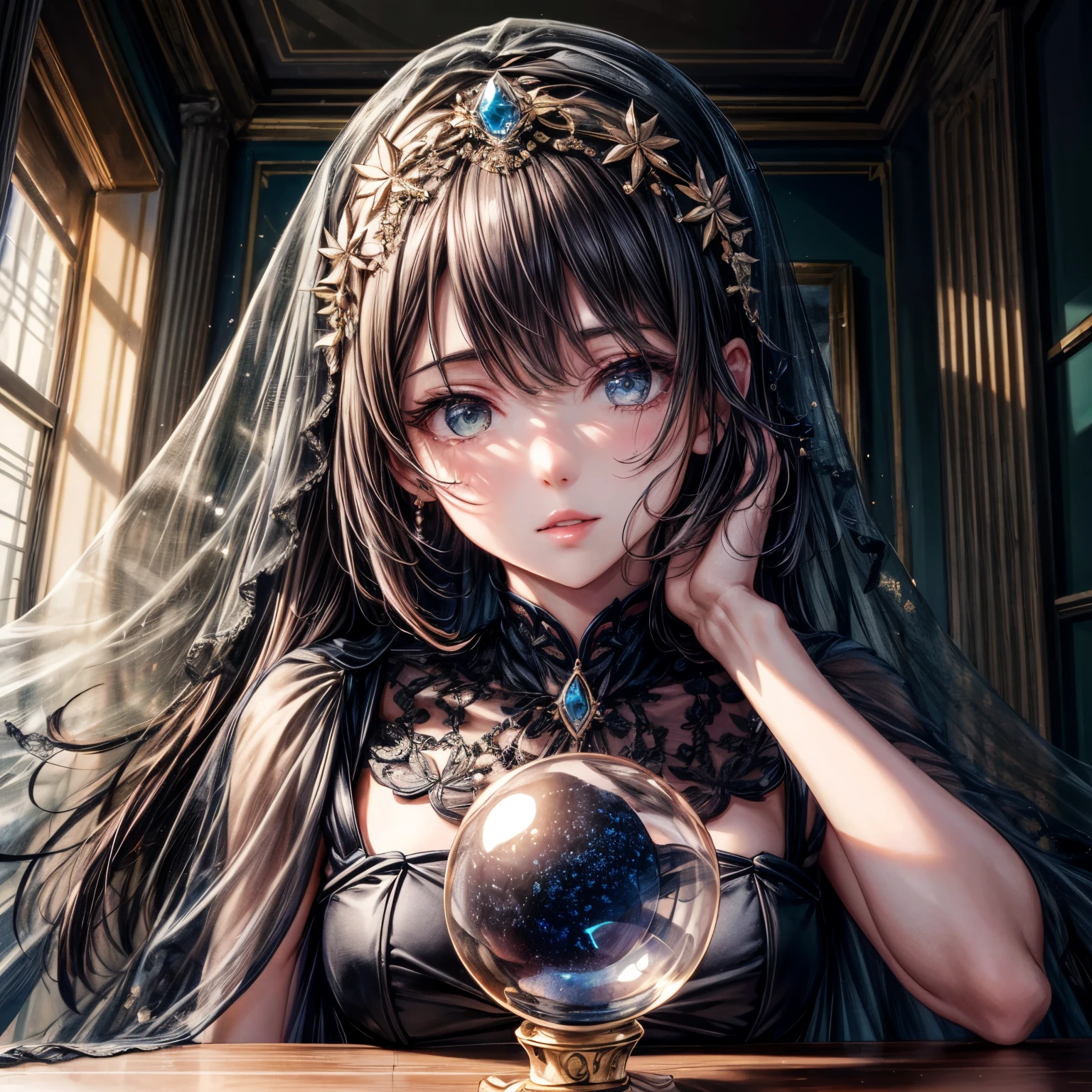 modern style,Realistic,Real,Photorealistic,Actual photo,colorful,Inside the store,In a dark and small room,A crystal ball in the middle of the desk,机の手前にHoroscope Sheet,Orange lighting,
An astrologer,gently,Covered her face with a veil,
Across the desk,Get a Consultation,Listen,Tell me the way to go,Pale pink lips,
The interior is modeled after celestial bodies,Blue and Black,curtain,Horoscope Sheet,Celestial Image,
Detailed Description,View here,
Perfect face and body,Detailed face,Perfect Anatomy,Beautiful Face,
masterpiece,Highest quality,8K,High resolution,Raw photo,Professional,Wide-angle shot,
Award-winning,Browsing Caution,
Cinematic lighting,Spotlight,
Low Key Lighting,Backlighting,
Eye Level Shot,Horizontal Position,
Medium Shot,
Physically Based Rendering,
Thin contours,