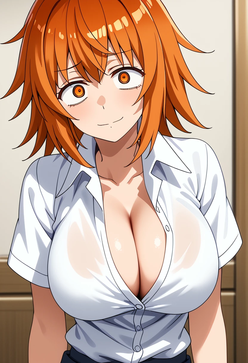 (masterpiece), best quality, expressive eyes, solo, perfect face, orange eyes, orange hair, maki gamou, white buttoned shirt, large breasts, v neck, (((tall shirtcollar)))
