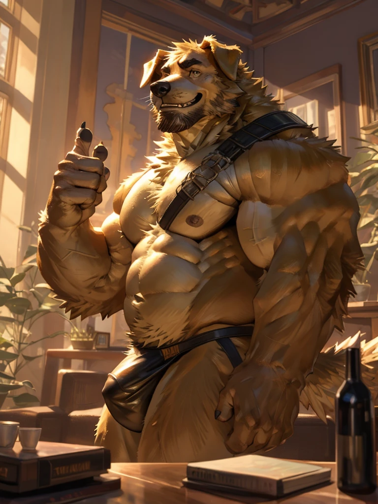 By Taran fiddler, a picture of an adult male, furry canine (golden retriever), black color jockstrap, golden retriever, dilf, rugged features, stubble beard, slight wrinkles on face, smiling, one man, naked, a naked golden retriever anthro taking off his jackstrap and showing his dick, one hand doing thumbs up, winking, facing viewer, plain living room in background, modern living room background, muted lighting, dynamic angle, dynamic posing, extreme close-up, zoomed in on crotch