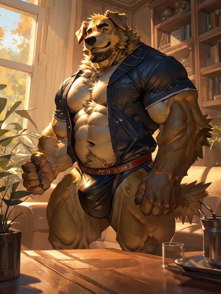 By Taran fiddler, a picture of an adult male, furry canine (golden retriever), black color jockstrap, golden retriever, dilf, rugged features, stubble beard, slight wrinkles on face, smiling, one man, naked, a naked golden retriever anthro taking off his jackstrap and showing his dick, one hand doing thumbs up, winking, facing viewer, plain living room in background, modern living room background, muted lighting, dynamic angle, dynamic posing, extreme close-up, zoomed in on crotch