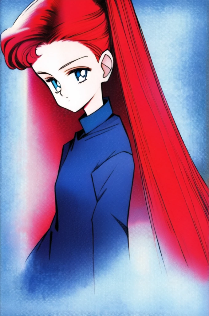 Red hair, long, female, blue eyes, blue shirt