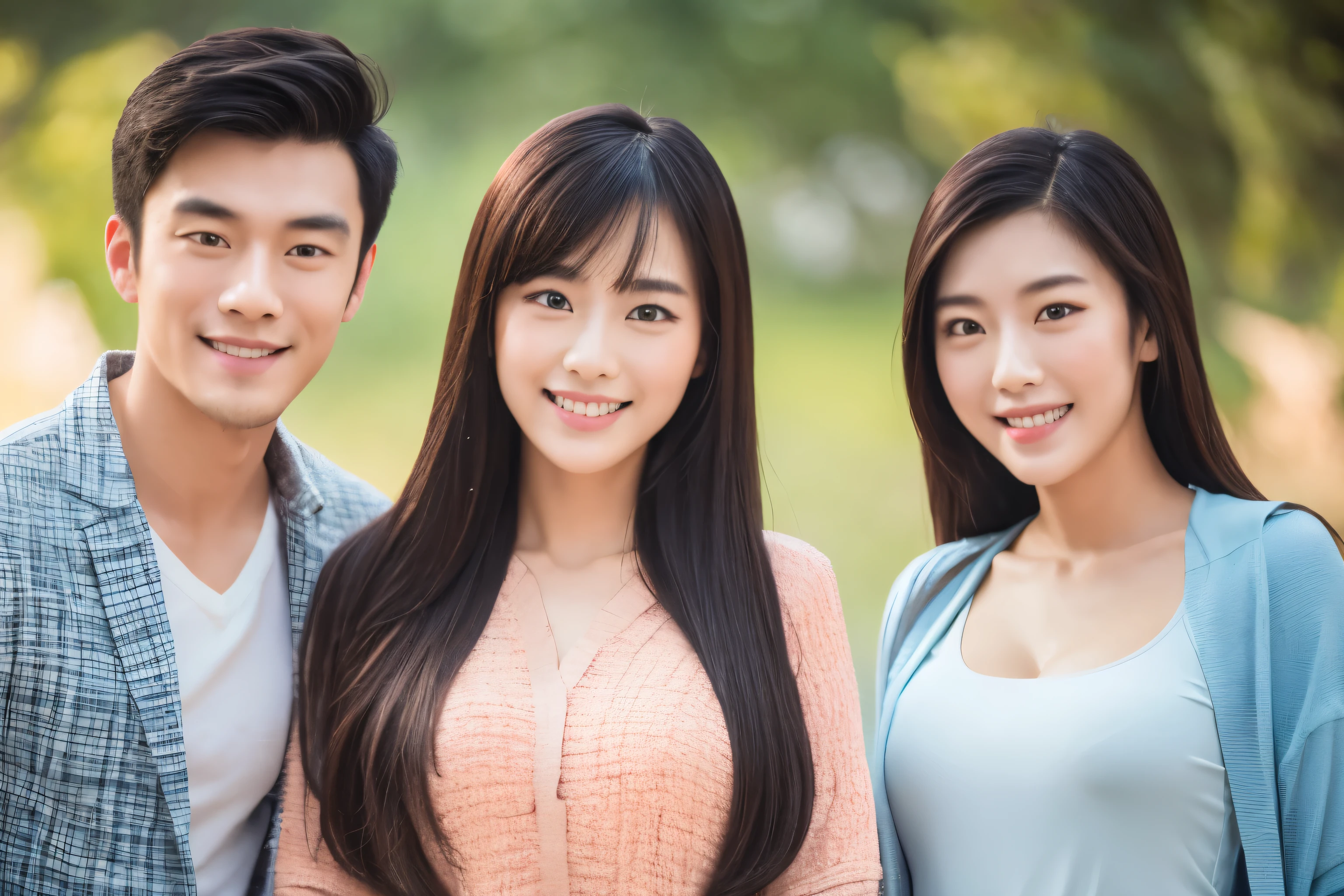 Two Asian beauties and one Asian handsome guy standing together，Double eyelids，Smile，Face clear，Focus，Professional photography，8K。