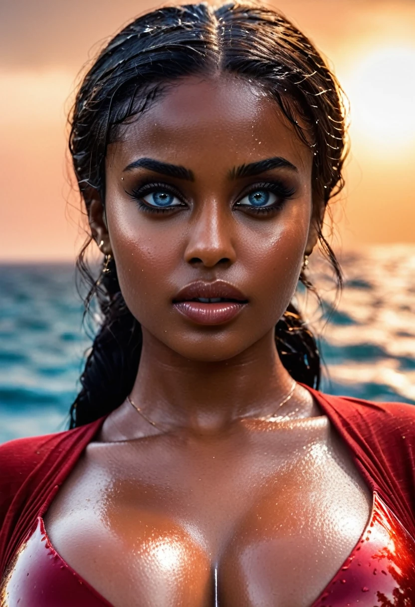 (muste piece, highest quality)((8k)),full body,super detailed,arab girl,wide eyebrow,black skin ,blue eyes ,photorealistic,dark bronze shiny skin,beautiful female mode,dark skin Black woman in red clothes from biblical times, blue eyes, in glowing sea at night ,swety skin,horny,wet skin , (shiny skin), she is wet and intimate, she has a submissive expression, direct eye contact, hyperrealistic, unreal engine 5,Suggested pose, 8K
