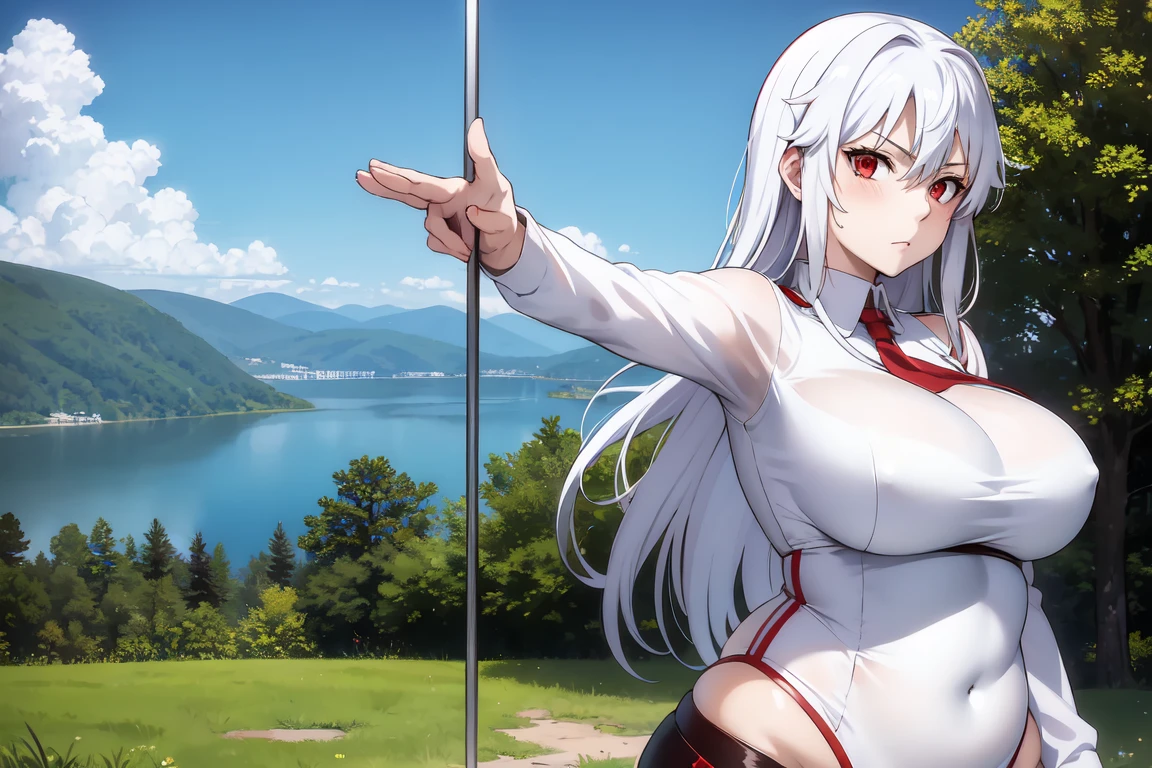 red eyes, accelerator (toaru majutsu no index), white hair, shirt, girl:1.3, massive breasts, wide hips, outdoors, lake, upper body